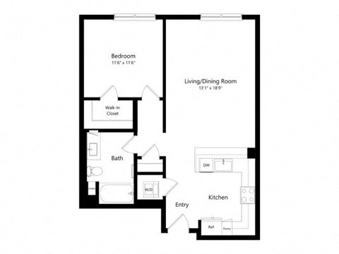 Floor plan for 1 bed, 1 bath, 781 sqft